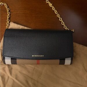 Burberry Black and Tan Wallet with Gold Chain
